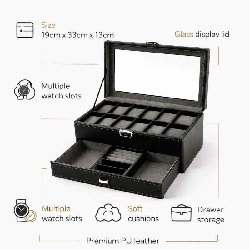 Executive 2-Tier Watch & Jewelry Organizer – Black Faux Leather with Glass Display (33cm)