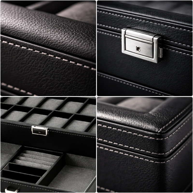 Executive 2-Tier Watch & Jewelry Organizer – Black Faux Leather with Glass Display (33cm)