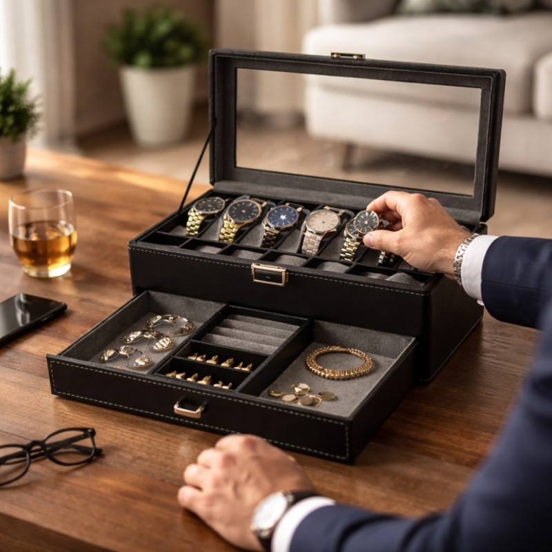 Executive 2-Tier Watch & Jewelry Organizer – Black Faux Leather with Glass Display (33cm)