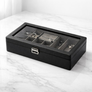 Executive Multi-Compartment Jewelry & Accessory Organizer – Obsidian Black with Glass Lid (36cm)