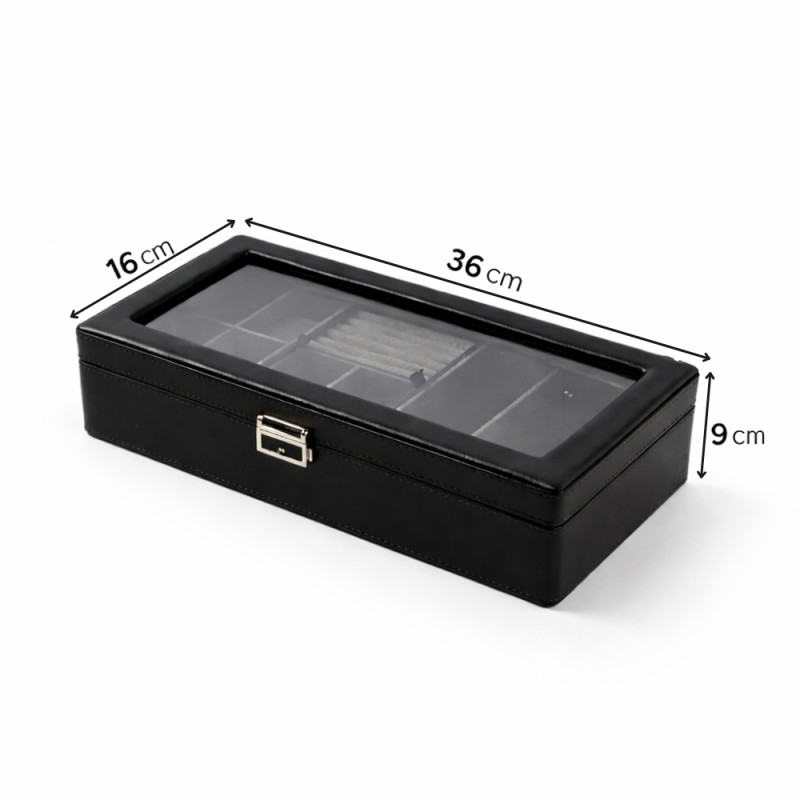 Executive Multi-Compartment Jewelry &amp; Accessory Organizer – Obsidian Black with Glass Lid (36cm)