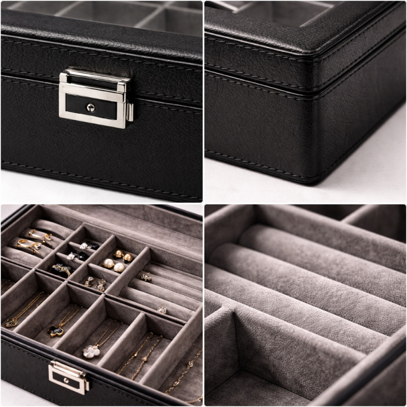 Executive Multi-Compartment Jewelry &amp; Accessory Organizer – Obsidian Black with Glass Lid (36cm)
