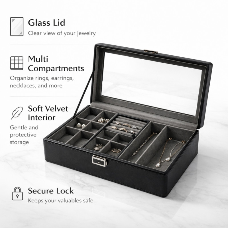 Executive Multi-Compartment Jewelry &amp; Accessory Organizer – Obsidian Black with Glass Lid (36cm)