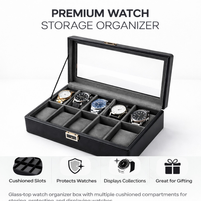 Executive 10-Slot Watch Display Box – Obsidian Black PU Leather (34cm)