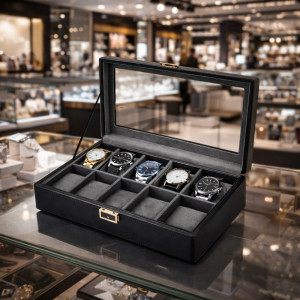 Executive 10-Slot Watch Display Box – Obsidian Black PU Leather (34cm)