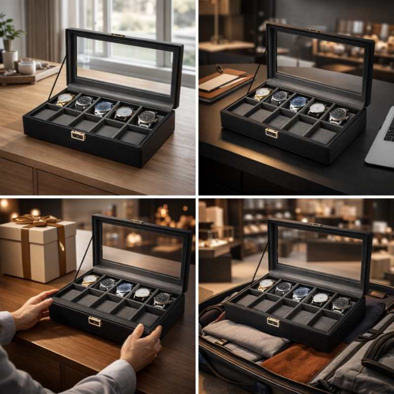 Executive 10-Slot Watch Display Box – Obsidian Black PU Leather (34cm)