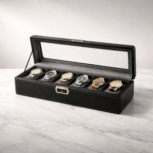 Executive 6-Slot Watch Display Case – Obsidian Black Leather with Glass Lid (34cm)