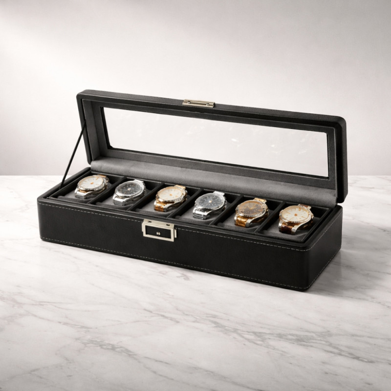 Executive 6-Slot Watch Display Case – Obsidian Black Leather with Glass Lid (34cm)