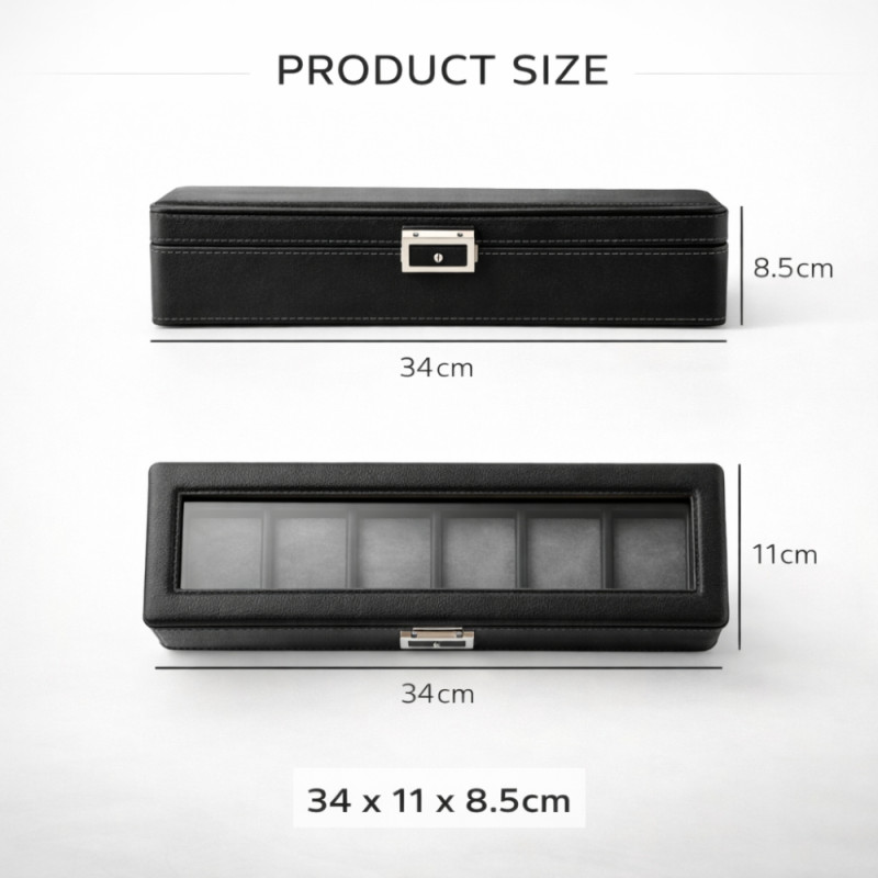 Executive 6-Slot Watch Display Case – Obsidian Black Leather with Glass Lid (34cm)