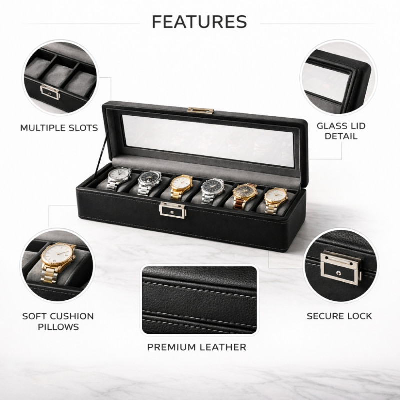 Executive 6-Slot Watch Display Case – Obsidian Black Leather with Glass Lid (34cm)