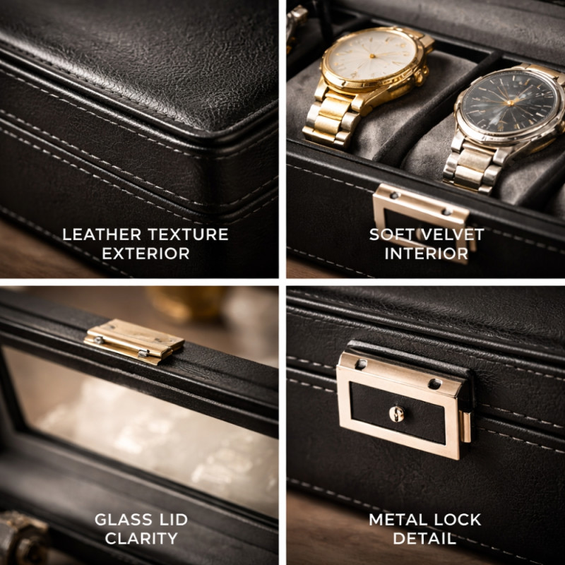 Executive 6-Slot Watch Display Case – Obsidian Black Leather with Glass Lid (34cm)
