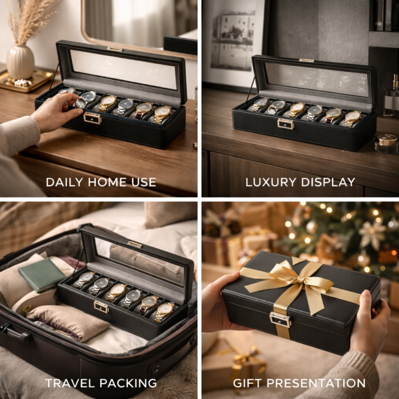 Executive 6-Slot Watch Display Case – Obsidian Black Leather with Glass Lid (34cm)