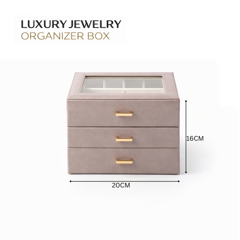 23cm Lilac Jewelry Storage Box – 3-Drawer Clear Top Organizer