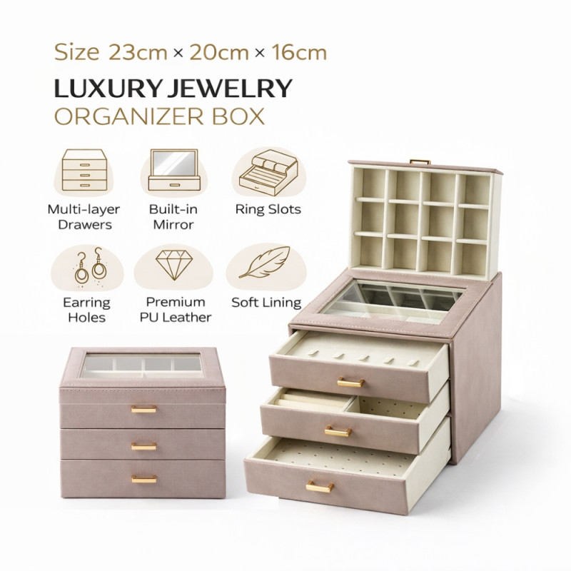 23cm Lilac Jewelry Storage Box – 3-Drawer Clear Top Organizer