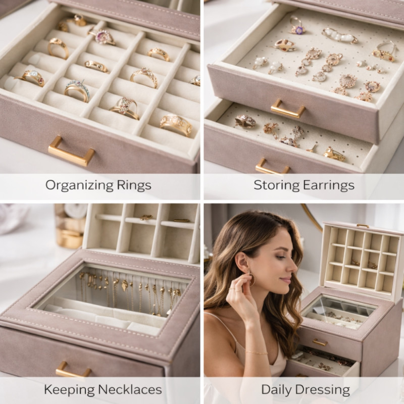 23cm Lilac Jewelry Storage Box – 3-Drawer Clear Top Organizer