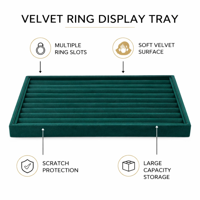 Professional 100-Slot Ring Display Tray – Azure Green Velvet (35cm)