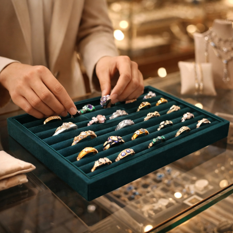 Professional 100-Slot Ring Display Tray – Azure Green Velvet (35cm)