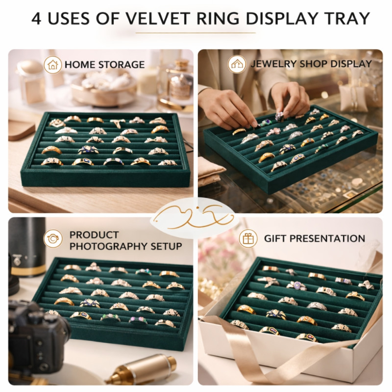 Professional 100-Slot Ring Display Tray – Azure Green Velvet (35cm)