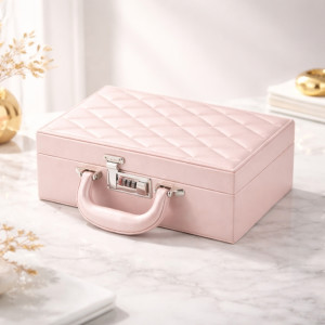 Luxe 2-Tier Leather Jewelry Organizer – Light Pink with Mirror & Lock (27cm)