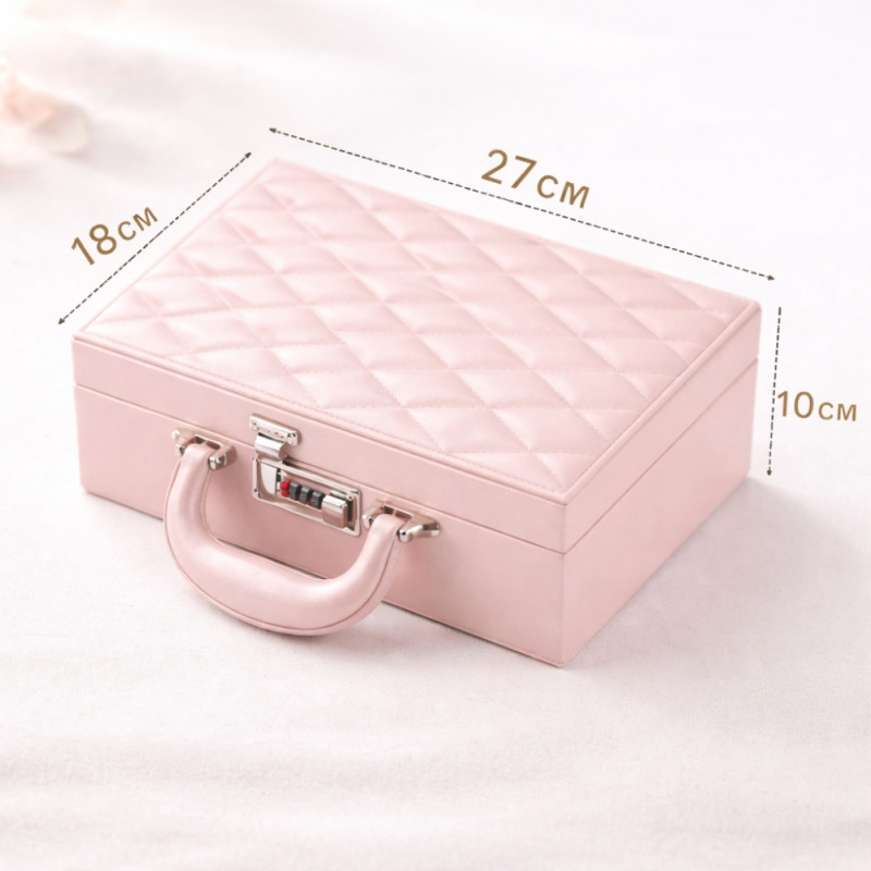Luxe 2-Tier Leather Jewelry Organizer – Light Pink with Mirror &amp; Lock (27cm)