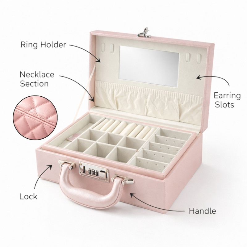 Luxe 2-Tier Leather Jewelry Organizer – Light Pink with Mirror &amp; Lock (27cm)
