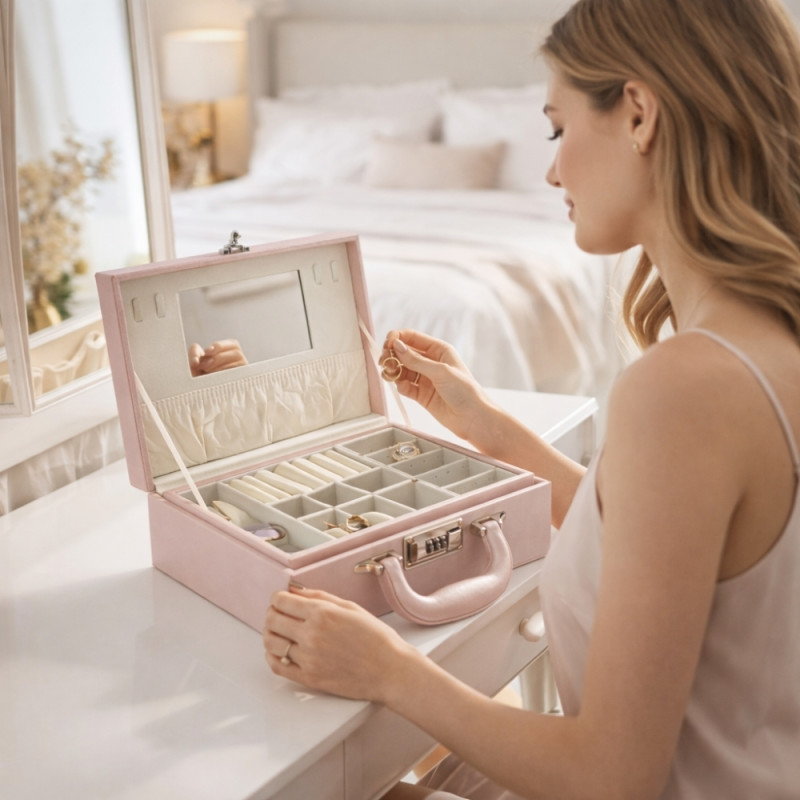 Luxe 2-Tier Leather Jewelry Organizer – Light Pink with Mirror &amp; Lock (27cm)