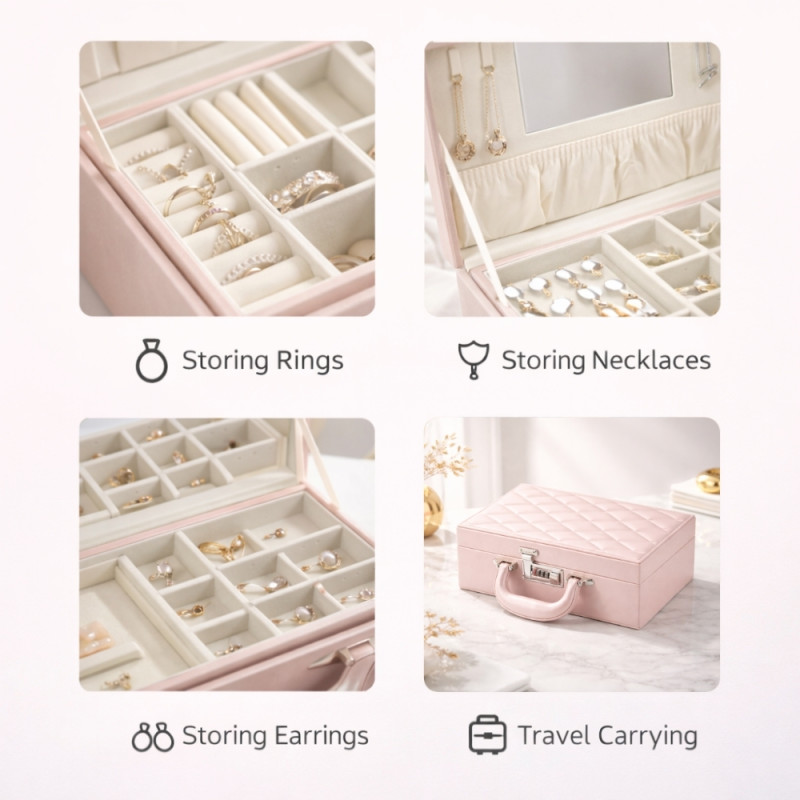 Luxe 2-Tier Leather Jewelry Organizer – Light Pink with Mirror &amp; Lock (27cm)