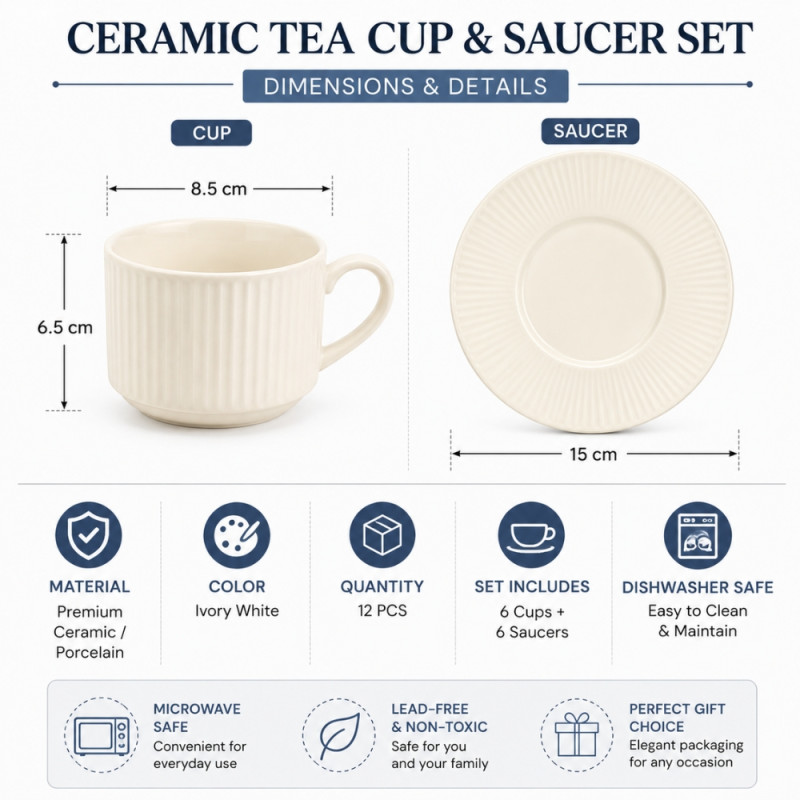 Elegant Ceramic Mug/Cup Set – Ivory Premium Finish (12pcs)