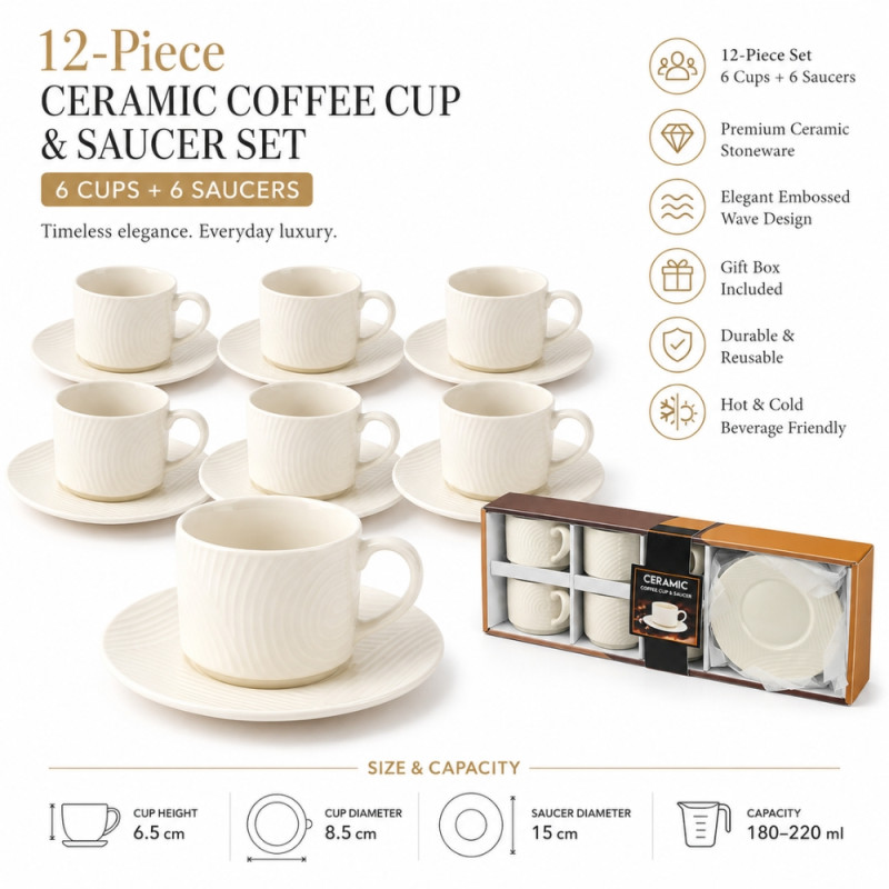 Quality Finish Ceramic Coffee Cup &amp; Saucer Set Designed for Elegant Dining &amp; Entertaining – White (H-6.5, W-8.5, DIA-15 CM)