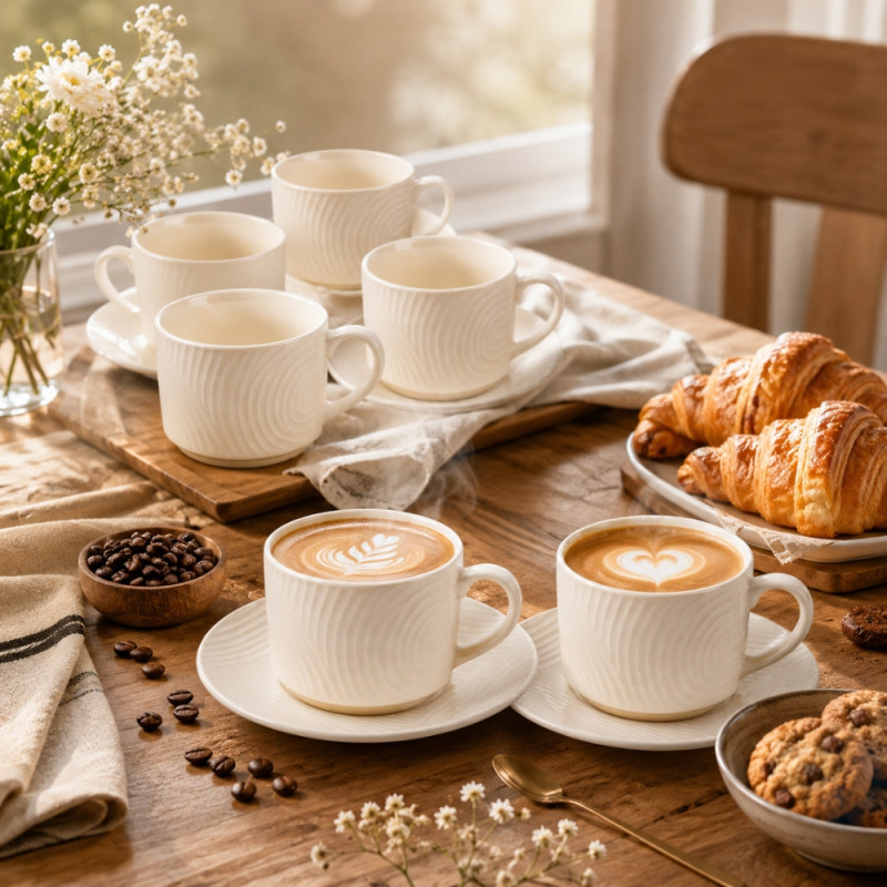 Quality Finish Ceramic Coffee Cup &amp; Saucer Set Designed for Elegant Dining &amp; Entertaining – White (H-6.5, W-8.5, DIA-15 CM)