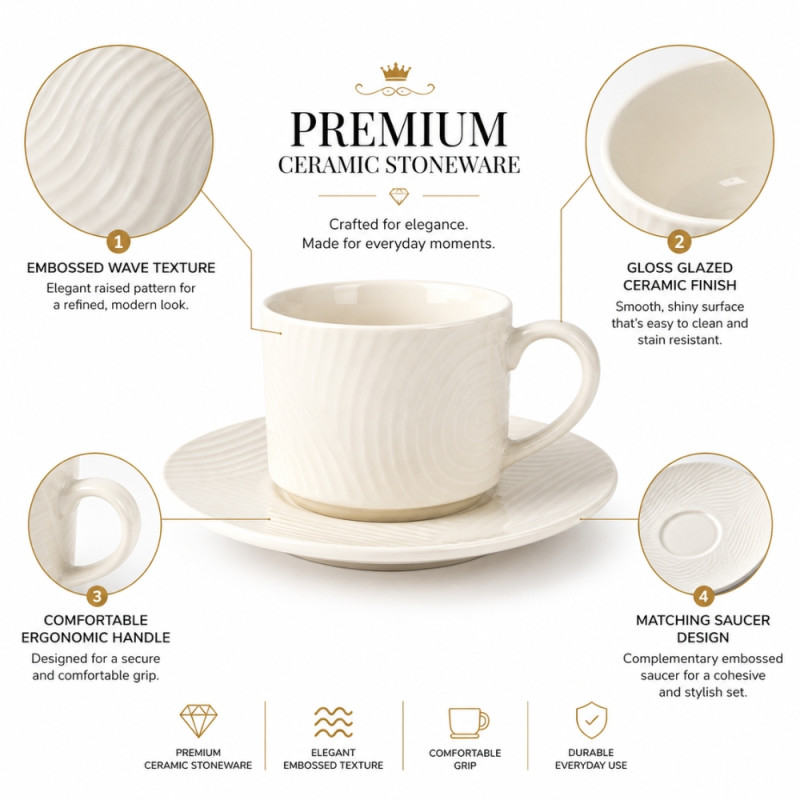 Quality Finish Ceramic Coffee Cup &amp; Saucer Set Designed for Elegant Dining &amp; Entertaining – White (H-6.5, W-8.5, DIA-15 CM)