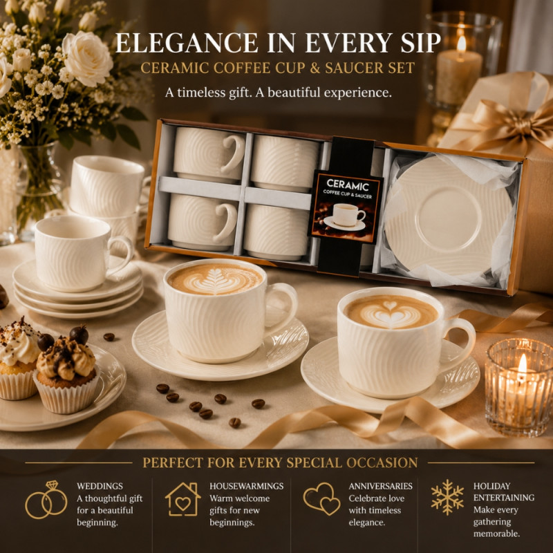 Quality Finish Ceramic Coffee Cup &amp; Saucer Set Designed for Elegant Dining &amp; Entertaining – White (H-6.5, W-8.5, DIA-15 CM)