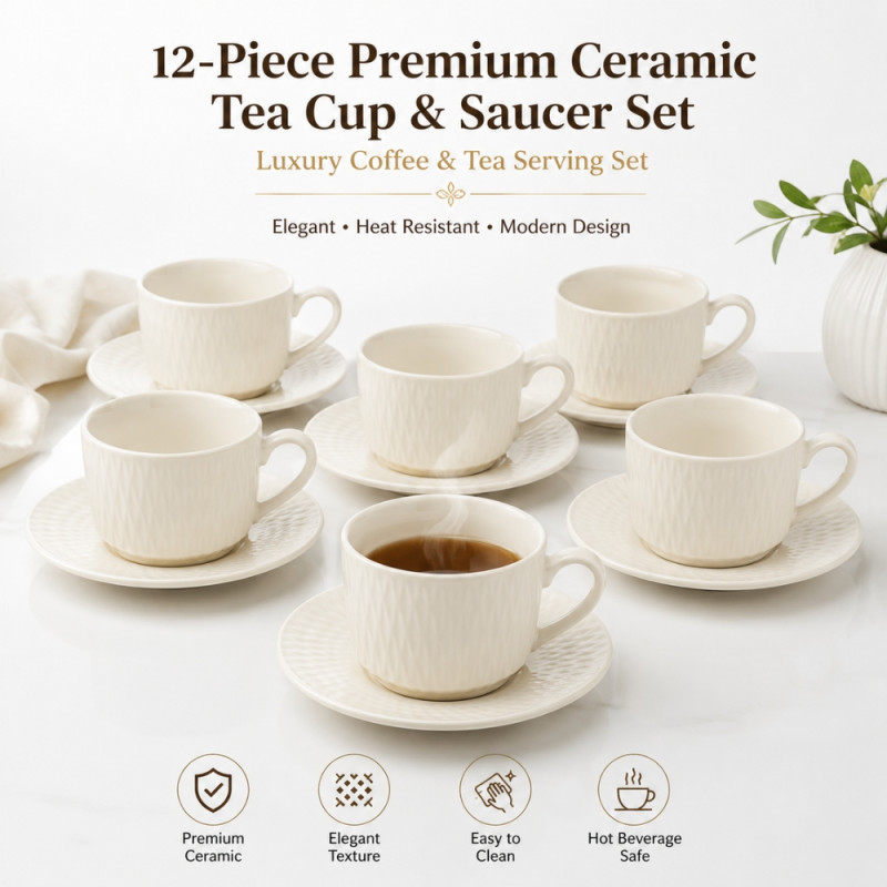 Quality 12 PC CERAMIC CUP &amp; SAUCER SET – Ivory Premium Quality (12pcs)