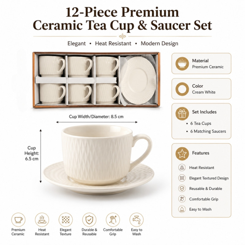 Quality 12 PC CERAMIC CUP &amp; SAUCER SET – Ivory Premium Quality (12pcs)
