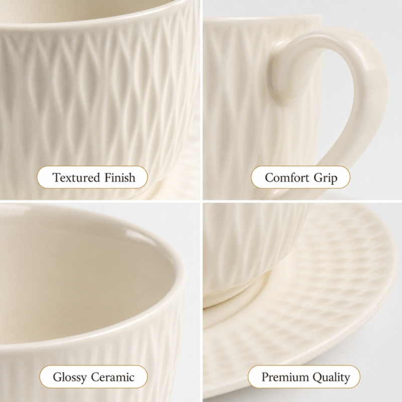 Quality 12 PC CERAMIC CUP &amp; SAUCER SET – Ivory Premium Quality (12pcs)