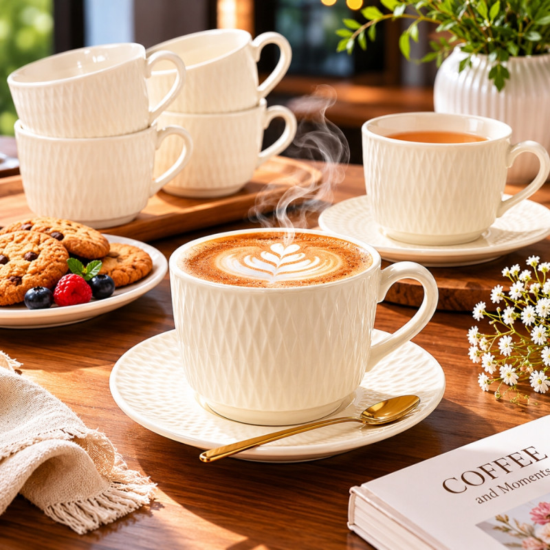 Quality 12 PC CERAMIC CUP &amp; SAUCER SET – Ivory Premium Quality (12pcs)