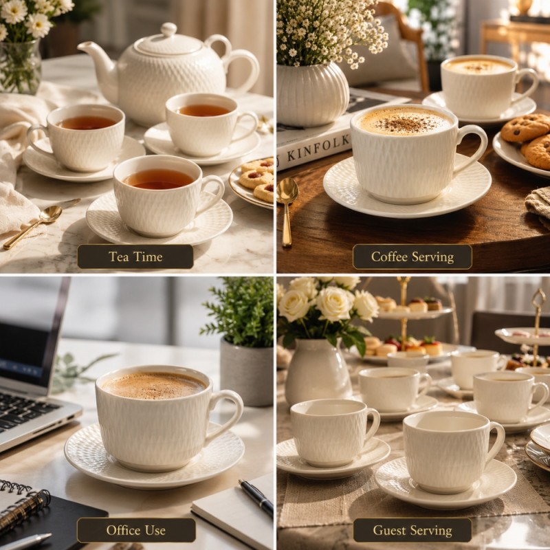 Quality 12 PC CERAMIC CUP &amp; SAUCER SET – Ivory Premium Quality (12pcs)