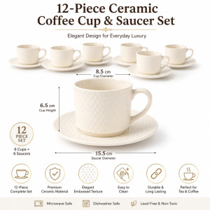 Trusted Edge Ceramic Cup And Saucer Set Designed for Elegant Dining &amp; Entertaining – Ivory (H-6.5, W-8.5, DIA-15.5 CM)