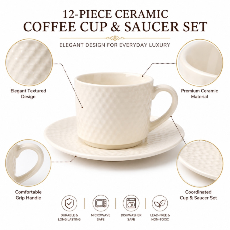 Trusted Edge Ceramic Cup And Saucer Set Designed for Elegant Dining &amp; Entertaining – Ivory (H-6.5, W-8.5, DIA-15.5 CM)