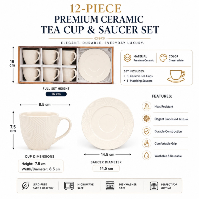 Elegant Ceramic Mug/Cup Set – Ivory Premium Finish (12pcs)