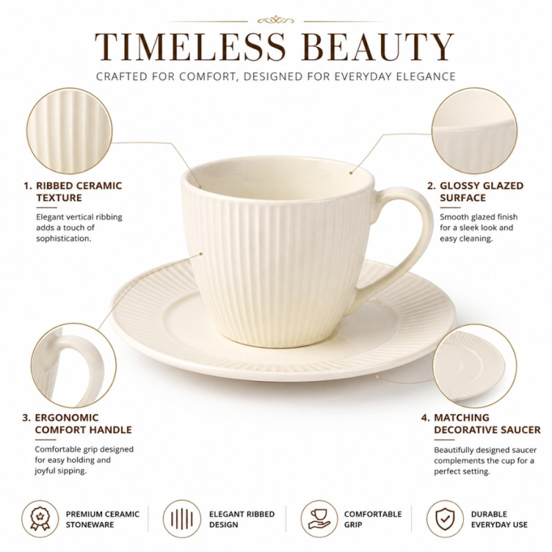 Ceramic Art Ceramic Cup And Saucer Set Designed for Elegant Dining & Entertaining – Ivory (H-8.5, W-16, DIA-16 CM)