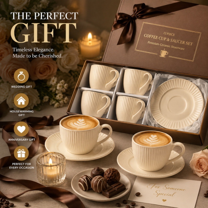 Ceramic Art Ceramic Cup And Saucer Set Designed for Elegant Dining & Entertaining – Ivory (H-8.5, W-16, DIA-16 CM)