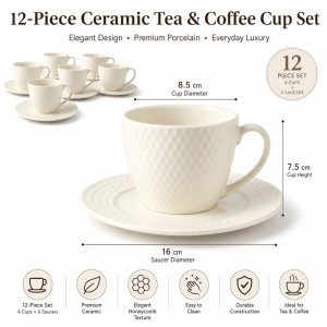 Choice Form Ceramic Cup And Saucer Set Designed for Elegant Dining & Entertaining – Ivory (H-7.5, DIA-8.5 CM)