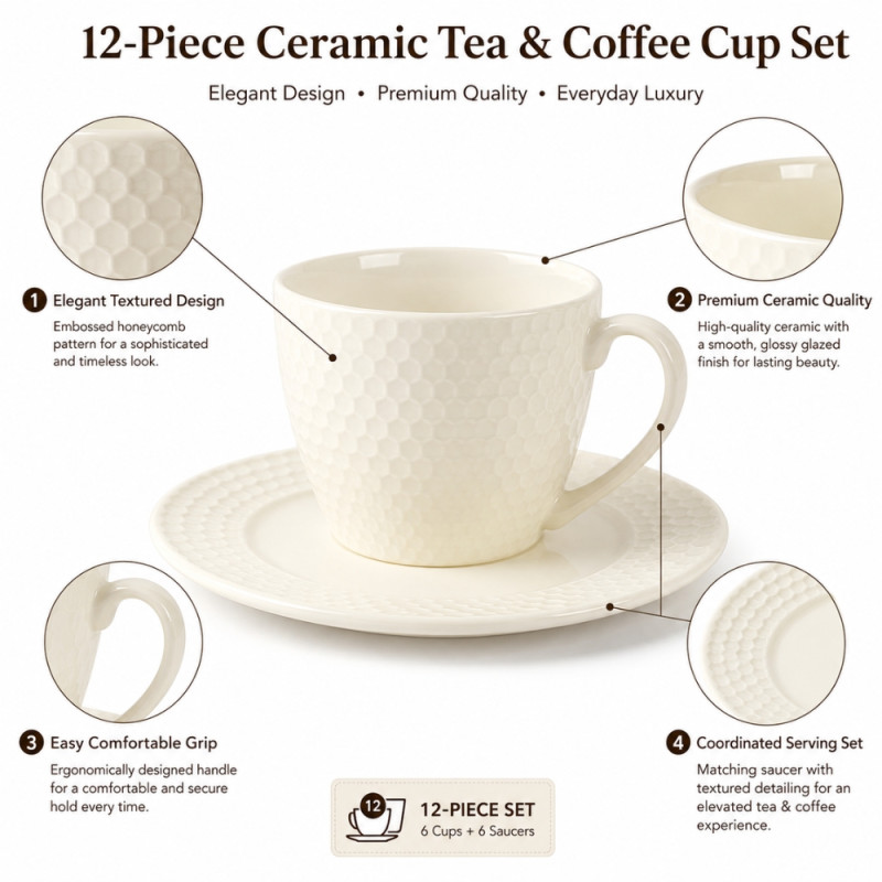 Choice Form Ceramic Cup And Saucer Set Designed for Elegant Dining & Entertaining – Ivory (H-7.5, DIA-8.5 CM)