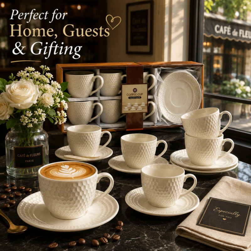 Choice Form Ceramic Cup And Saucer Set Designed for Elegant Dining & Entertaining – Ivory (H-7.5, DIA-8.5 CM)