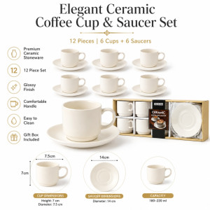 Preferred Design Ceramic Coffee Set Designed for Elegant Dining &amp; Entertaining – White (H-7, DIA-14 CM)