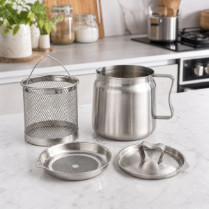 Stainless Steel Oil Strainer & Deep Fryer Pot Set – Silver (17x13cm)