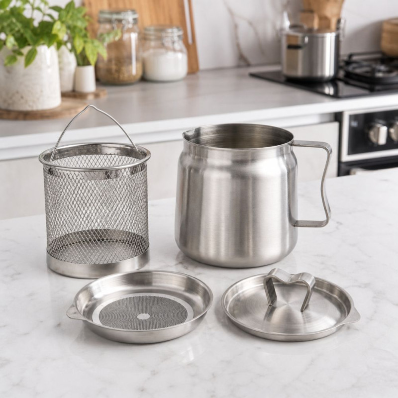 Stainless Steel Oil Strainer &amp; Deep Fryer Pot Set – Silver (17x13cm)