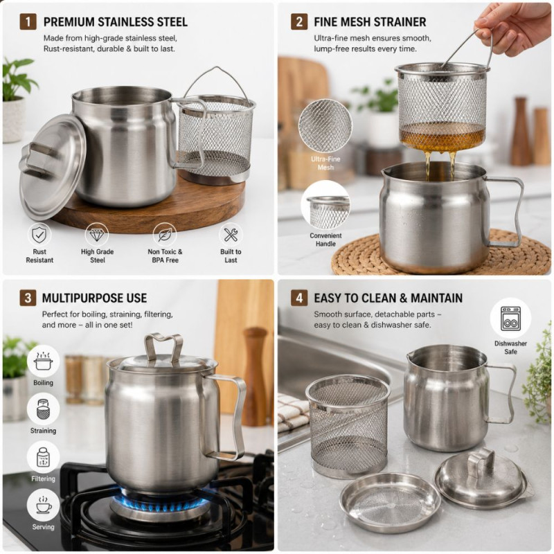 Stainless Steel Oil Strainer &amp; Deep Fryer Pot Set – Silver (17x13cm)