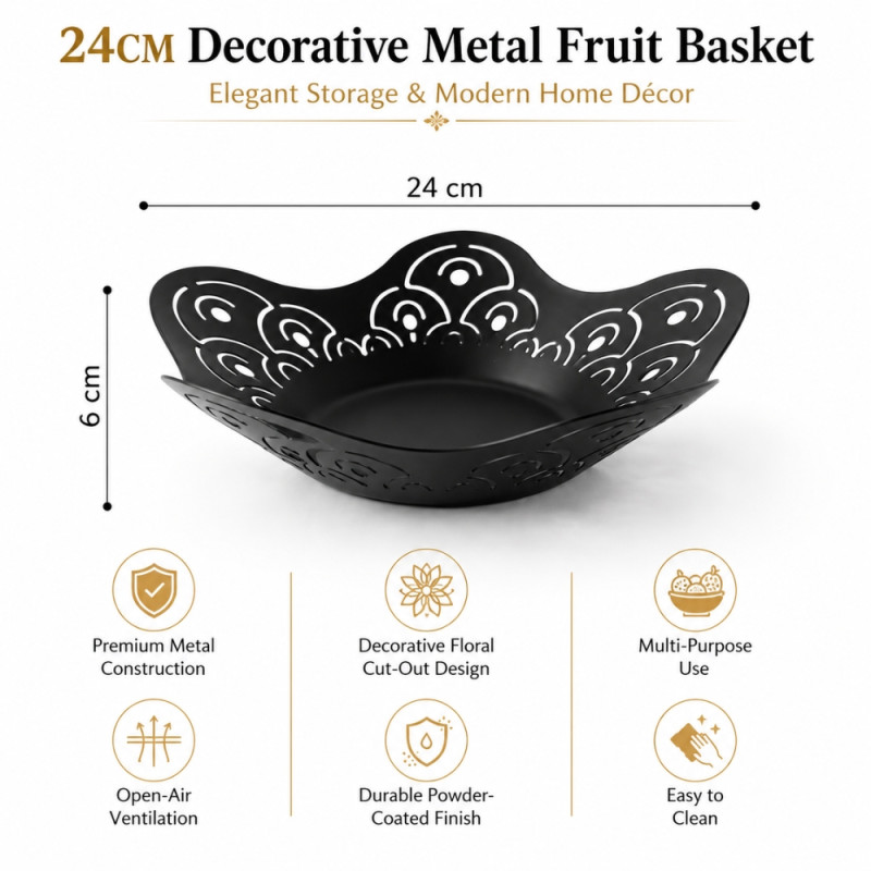 Select Gleam Fruit Basket Designed for Fresh Storage &amp; Kitchen Display – Black (H-6, W-24 CM)